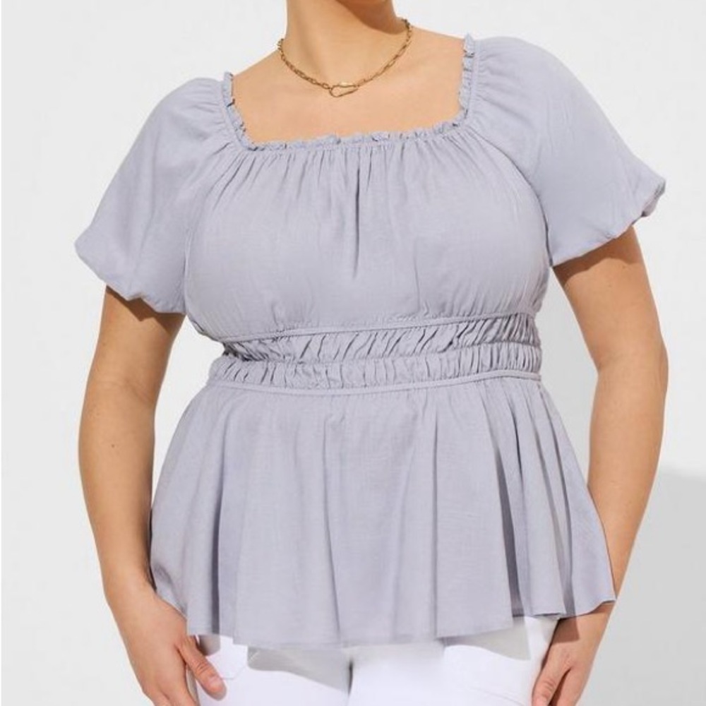 Torrid Linen Blend Puff Sleeve Shirred Bodice Blouse Lavender Grey Size 0